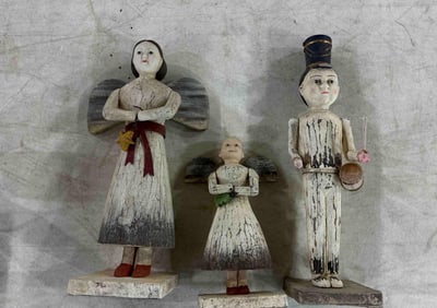 Hand Carved Folk Art Angel and Drummer Boy Figural Statues