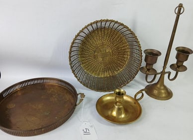 Brass Serving Tray, Basket, and Candlesticks
