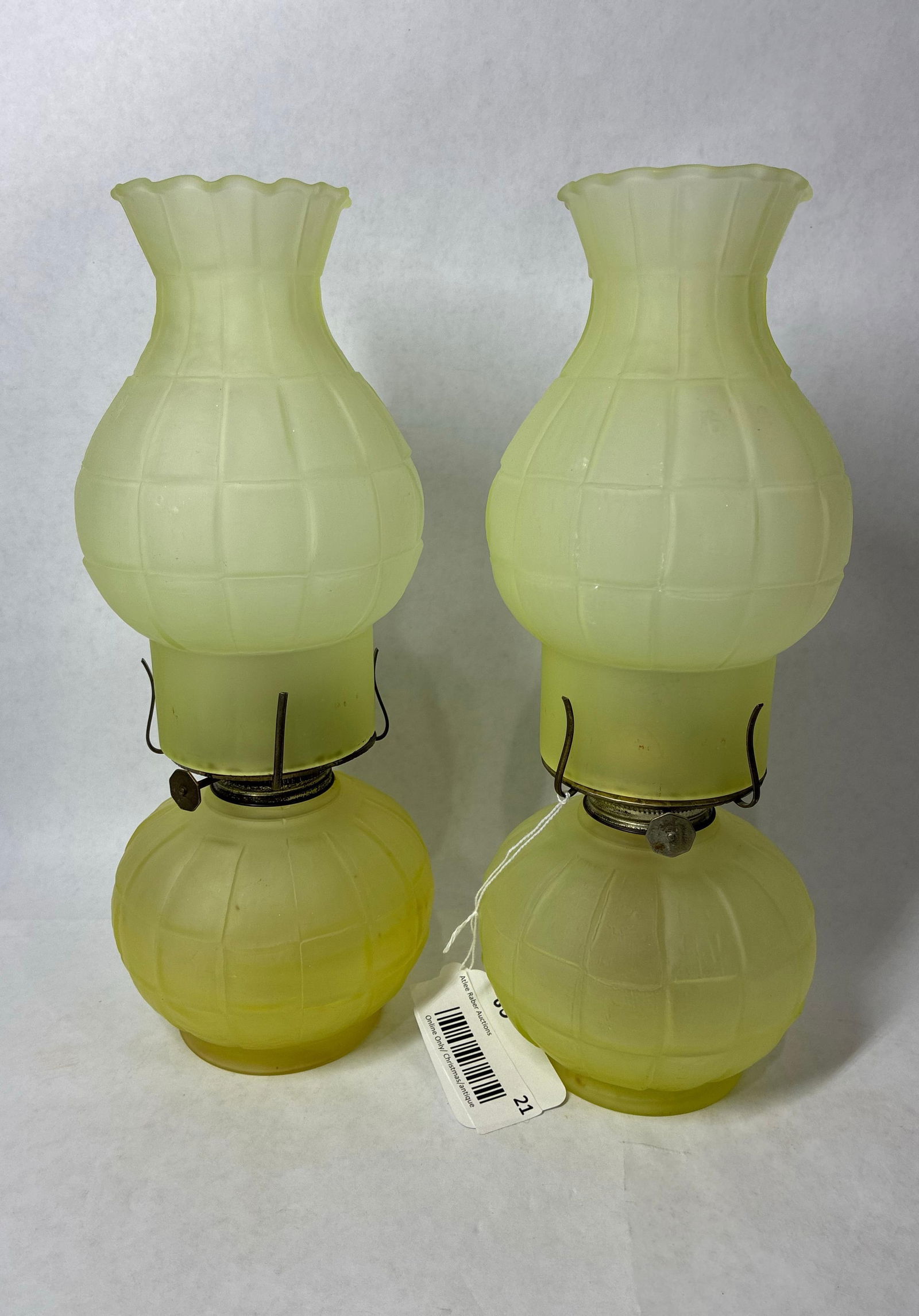 Exceptionally Rare Uranium Oil Lamp Pair: Both fantastic oil lamps have matching shades and basins. No chips or cracks. Each glows wonderfully bright under UV light. Each is 12 inches tall