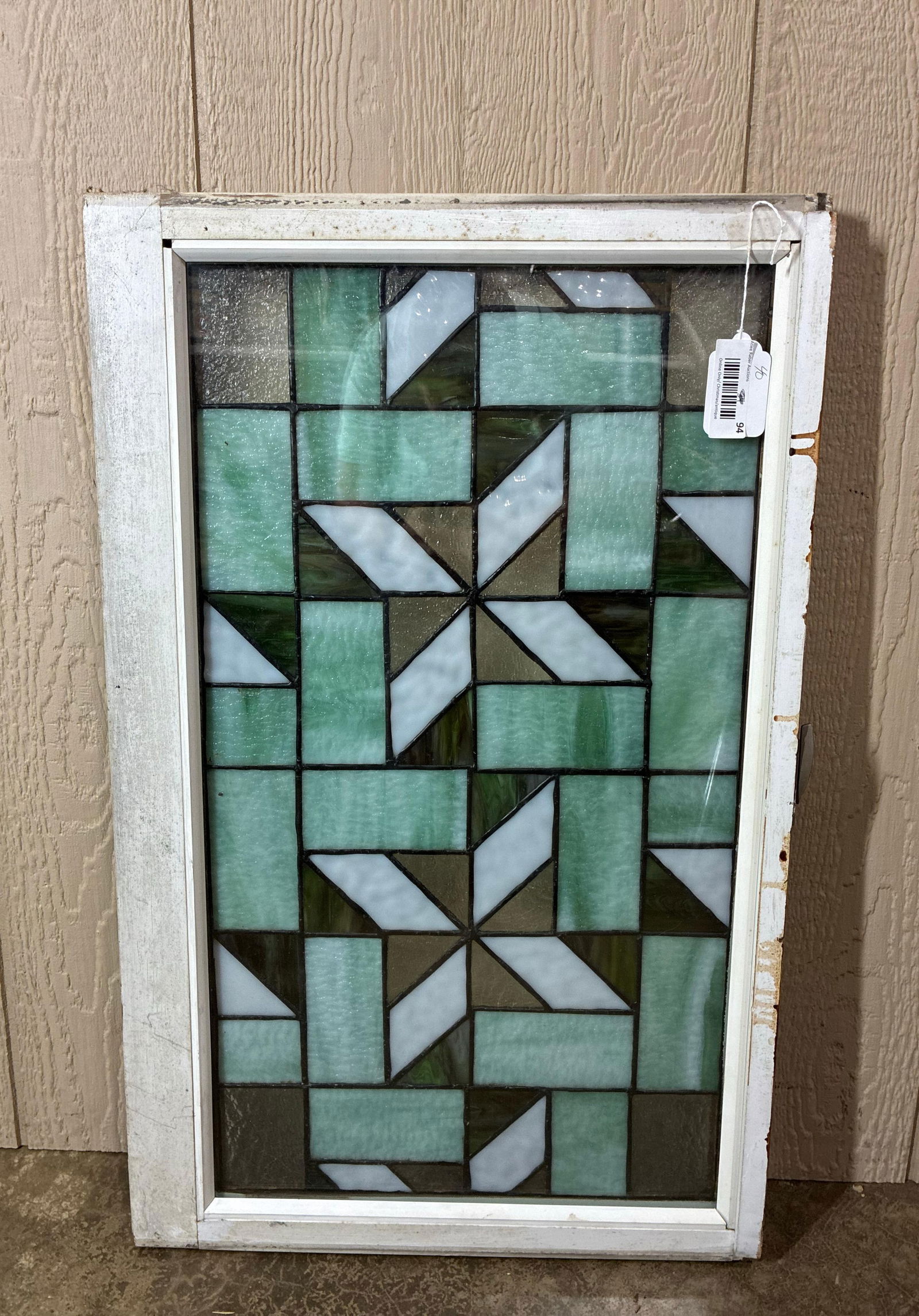 Pinwheel Stained Glass Window: Green and white stained glass panels in farmhouse frame. Double paned window. 32x20