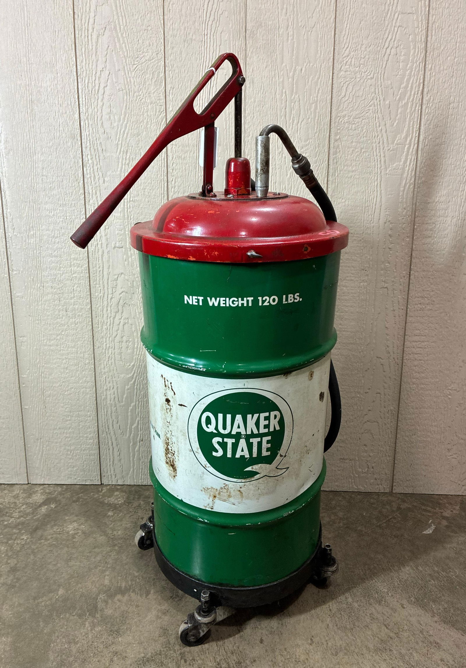 Quaker State 120 LB. Oil Drum w/ Pump on Caster Base (1 of 8)