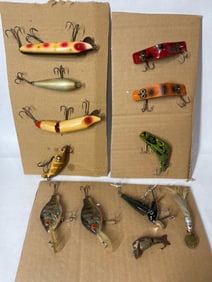 Lot of Early Wooden Fishing Lures Inc. Millsite Daily Doubles, Heddon Vamp and More