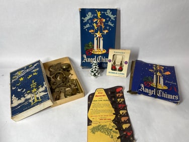 Early Holiday Lot of Celluloid Animals, Light Clips, Bulbs, Putz House and More