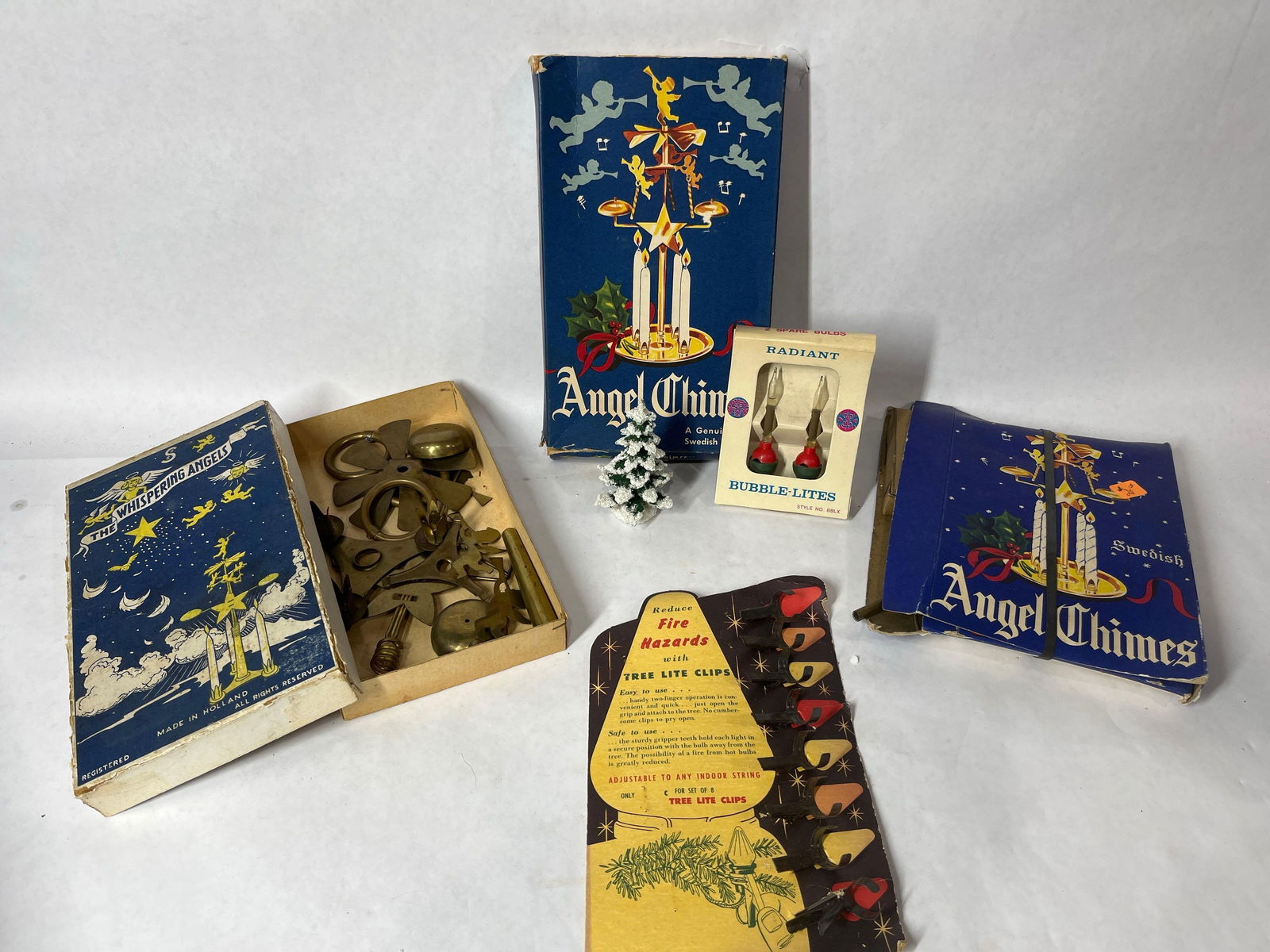 Early Holiday Lot of Celluloid Animals, Light Clips, Bulbs, Putz House and More: Please see photos as this lot is loaded 