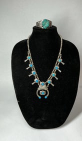 Navajo Sterling & Turquoise Squash Blossom Necklace & Bracelet