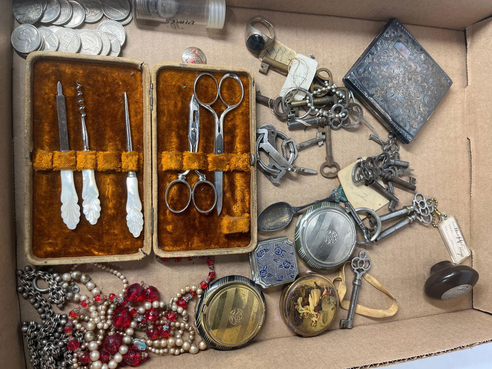 Mother of Pearl Handled Vanity Set, Skeleton Keys, And Compacts (1 of 6)