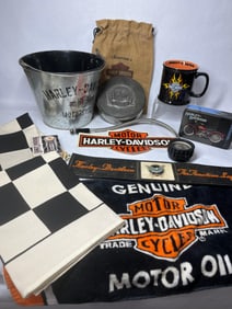 Harley Davidson Collectible Lot Inc. Pail, Towel, Tins, Mug, Cards, Decal, Air Gauge and More