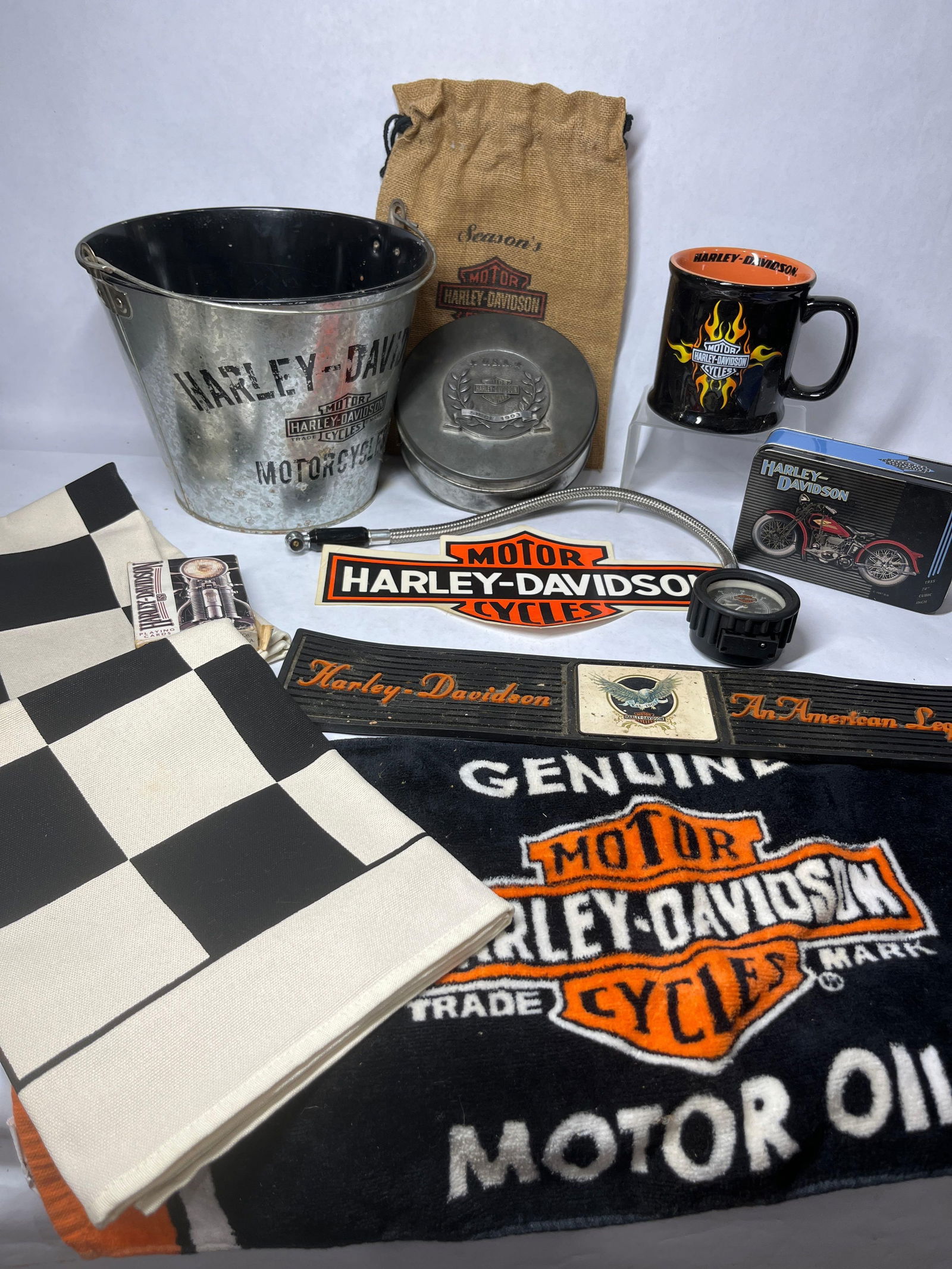 Harley Davidson Collectible Lot Inc. Pail, Towel, Tins, Mug, Cards, Decal, Air Gauge and More (1 of 7)