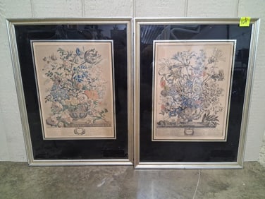 Rare 1730 Robert Furber May and October Floral Hand Colored/Engraved Calendars Framed