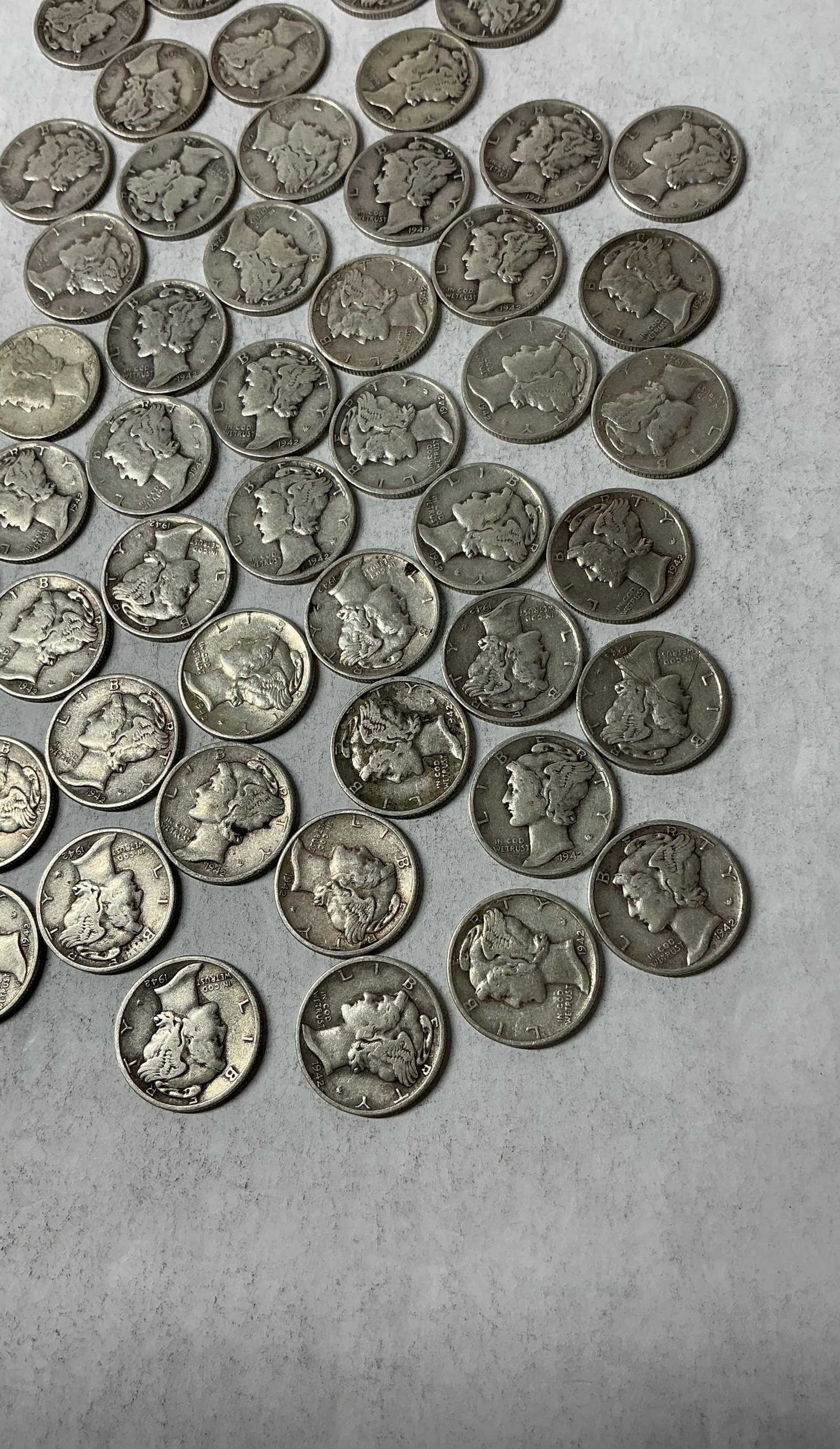 50-Mercury Dimes: All are 1942 S&O. 90% silver coins