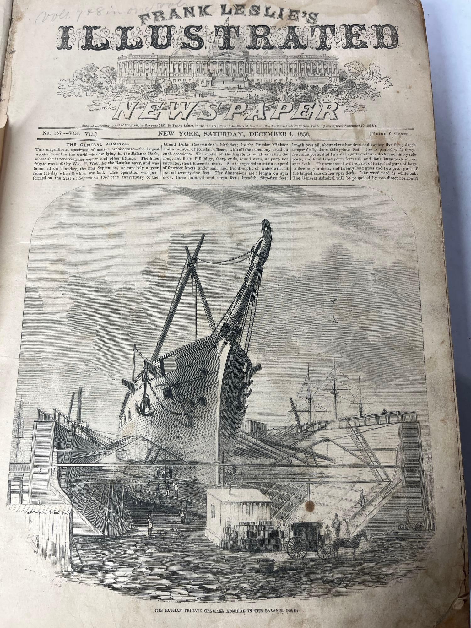 Frank Leslie's Illustrated Newspaper 1858: Bound newspaper pages through 1859. Binding is apart but book is in over all good condition. With no brittle pages