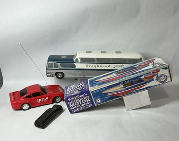 Schyllings Speedboat, RC Car and Greyhound Bus Lot of 3 Toy Vehicles