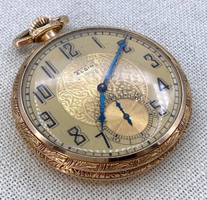 Outstanding c1925 ELGIN 12s Open Face10k Gold Filled Wadsworth Case Pocket Watch in Velvet Case