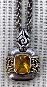 14k Gold and Sterling Silver Citrine Gemstone Pendant on Woven 925 Italian Chain