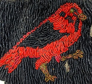 Antique Faceted Hand Sewn Glass Bead Red Bird Hinged Frame Purse