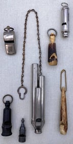 7 Antique to Vintage Railroad, Carved Antler, Early Guttapercha, Brass and Metal Whistles