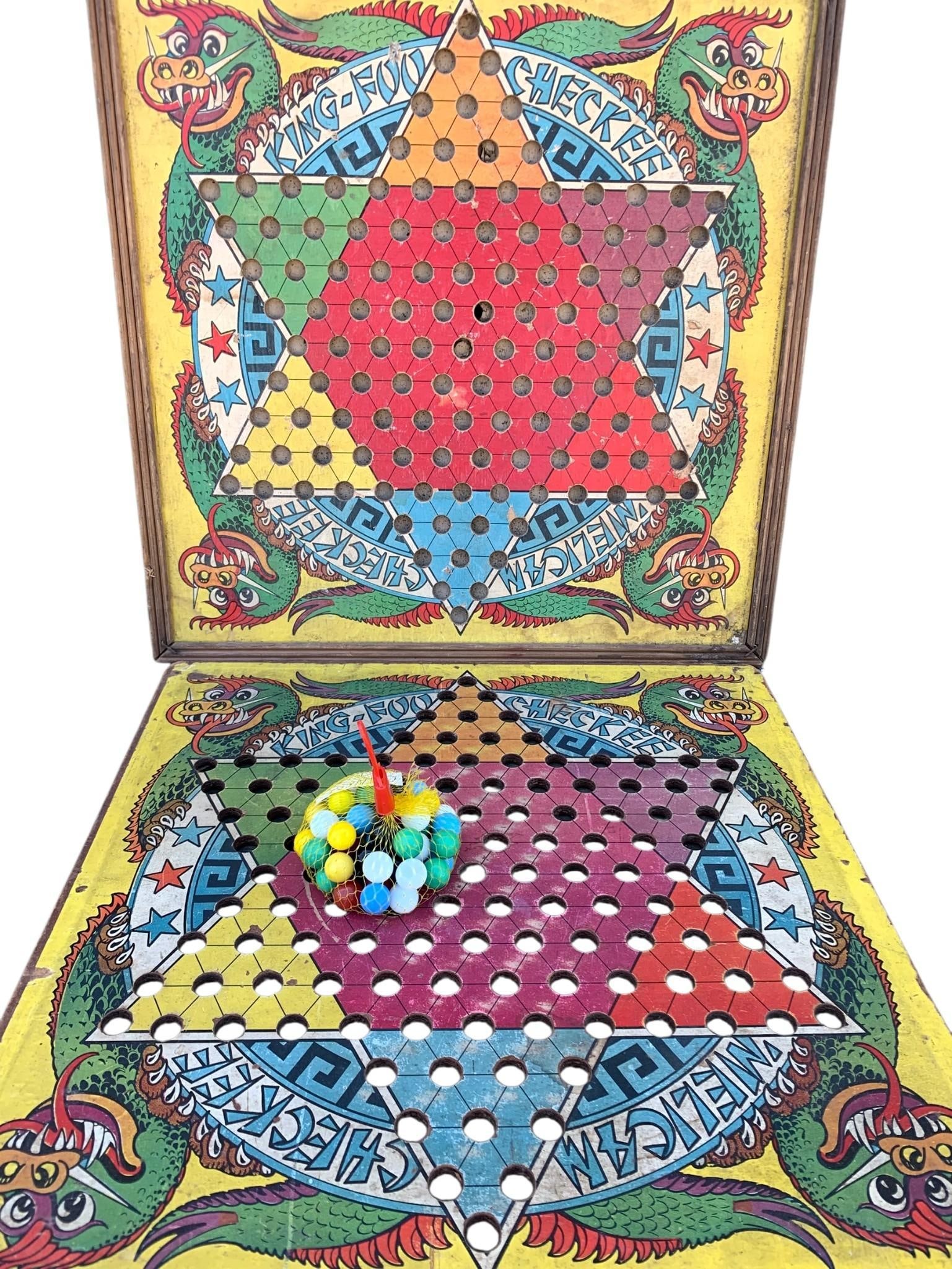c1938 Double Faced Chinese Checkers Wood Framed Board Game, Vintage Board and Glass Marble Markers: Pair of vintage Chinese checkers board games, one is framed in wood and double sided with a traditional checkers board on the reverse and is dated 1938, a bag of glass marker marbles are included, bot