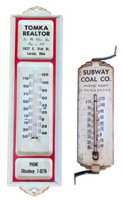 Pair of Early Advertising Art Deco and Mid Century Working Metal Thermometers
