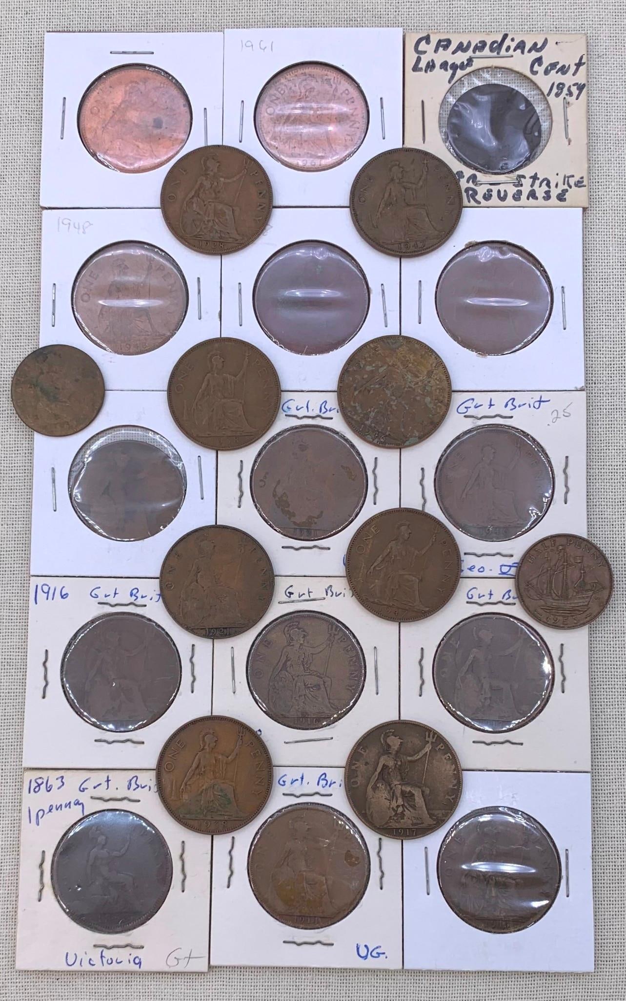 25 1854 to 1961 Great Britain One Penny and Canadian Large Cent Coins (1 of 9)