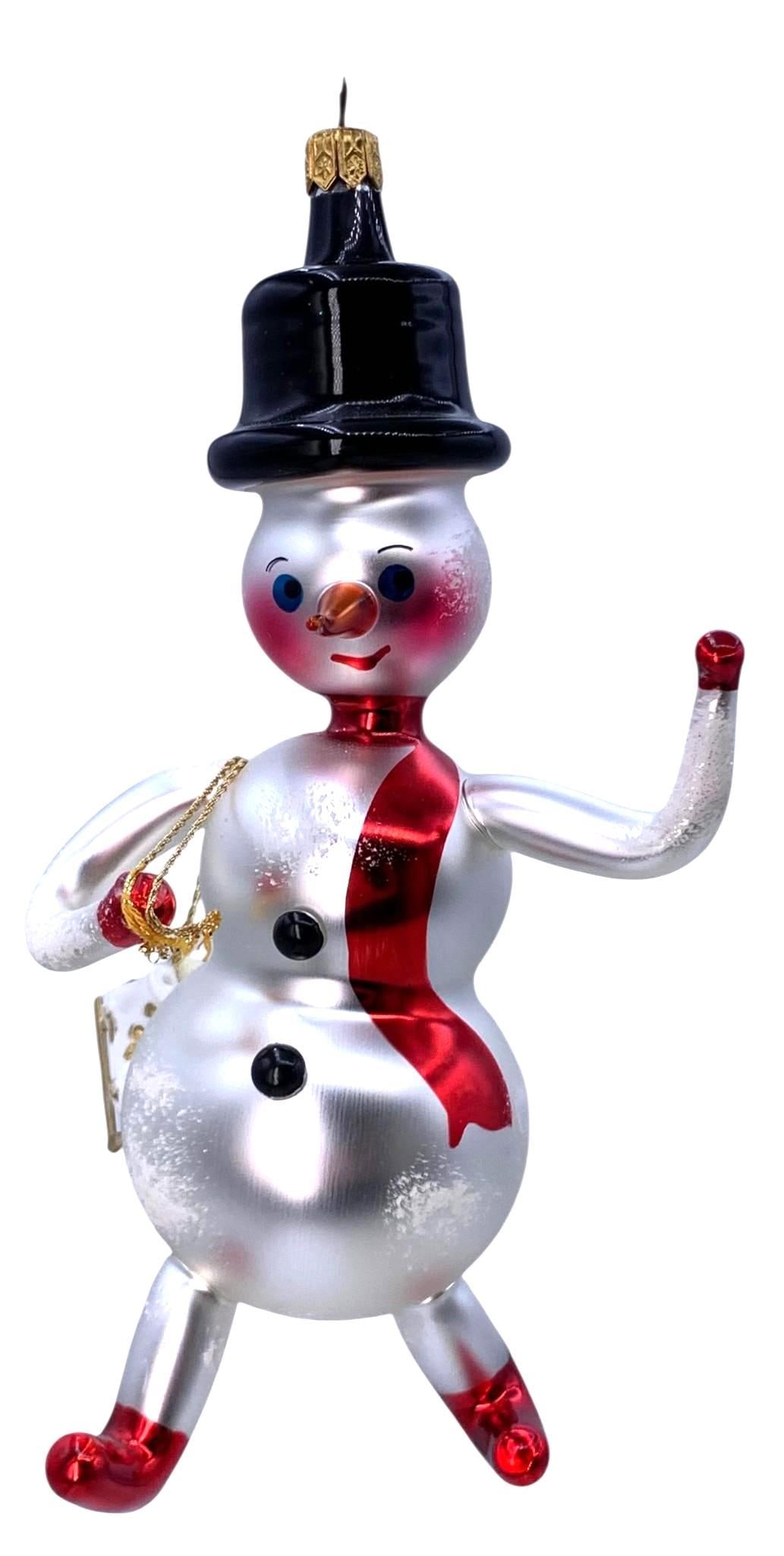 RADKO Snowy with Skates Large Italian Glass Christmas Tree Snowman Ornament: 8" length, RADKO cap, ice skate accessory, no structural issues.