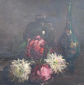 Antique Chrysanthemum Hand Painted Oil on Canvas Still Life Art painting