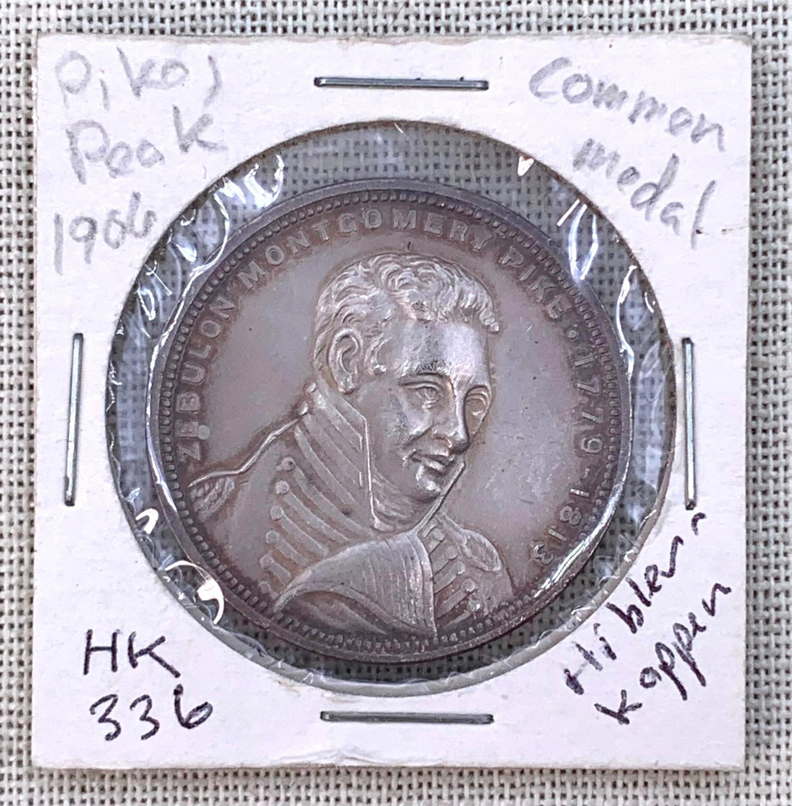 Antique 1906 SILVER Pike's Peak Southwest Expedition Commemorative Medal: Stored in the coin wrapper shown with hand writing on the paperboard.