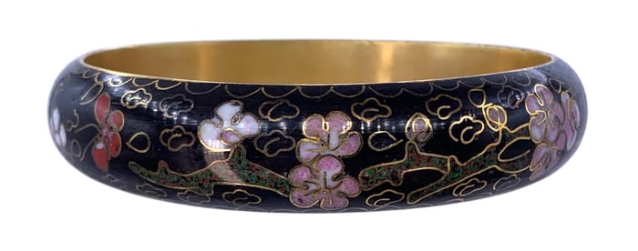 Vintage Cherry Blossom, Bird, and Butterfly Cloisonne Bangle Bracelet