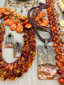 18 pc Vintage Faux Tortoise, Amber Hued, Sterling and Smoky Quartz Jewelry Collection