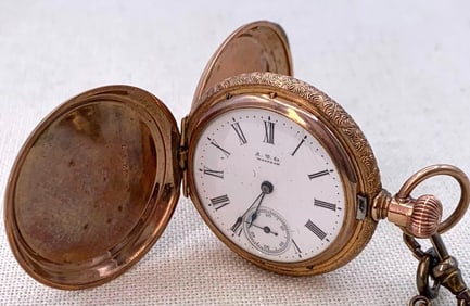 Working c1890 A W Co. Waltham Os Hunt Case Pocket Watch with Chain