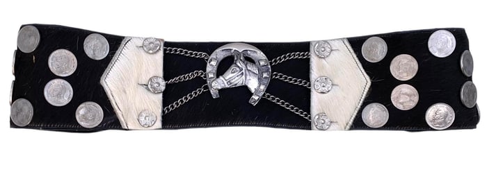 Horse Hide Argentinian Coin Draped Chain Horsehead Medallion Belt