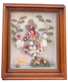19th Century Genteel Victorian Wool Work Floral Shadow Box Handmade Art Memorial