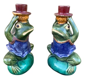 Pair Vintage Fairytale Comical Pottery Frog Candlestick Holders