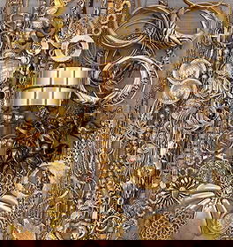 80 pc Gleaming Golden Costume Jewelry Collection: Bangles, Cuffs, Brooches, Necklaces, Earrings and Pendants galore, all in gleaming golden metal.