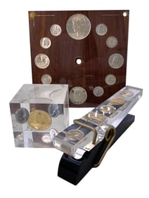 Mid Century US Silver Coins and Lucite Desk Accessory Collection
