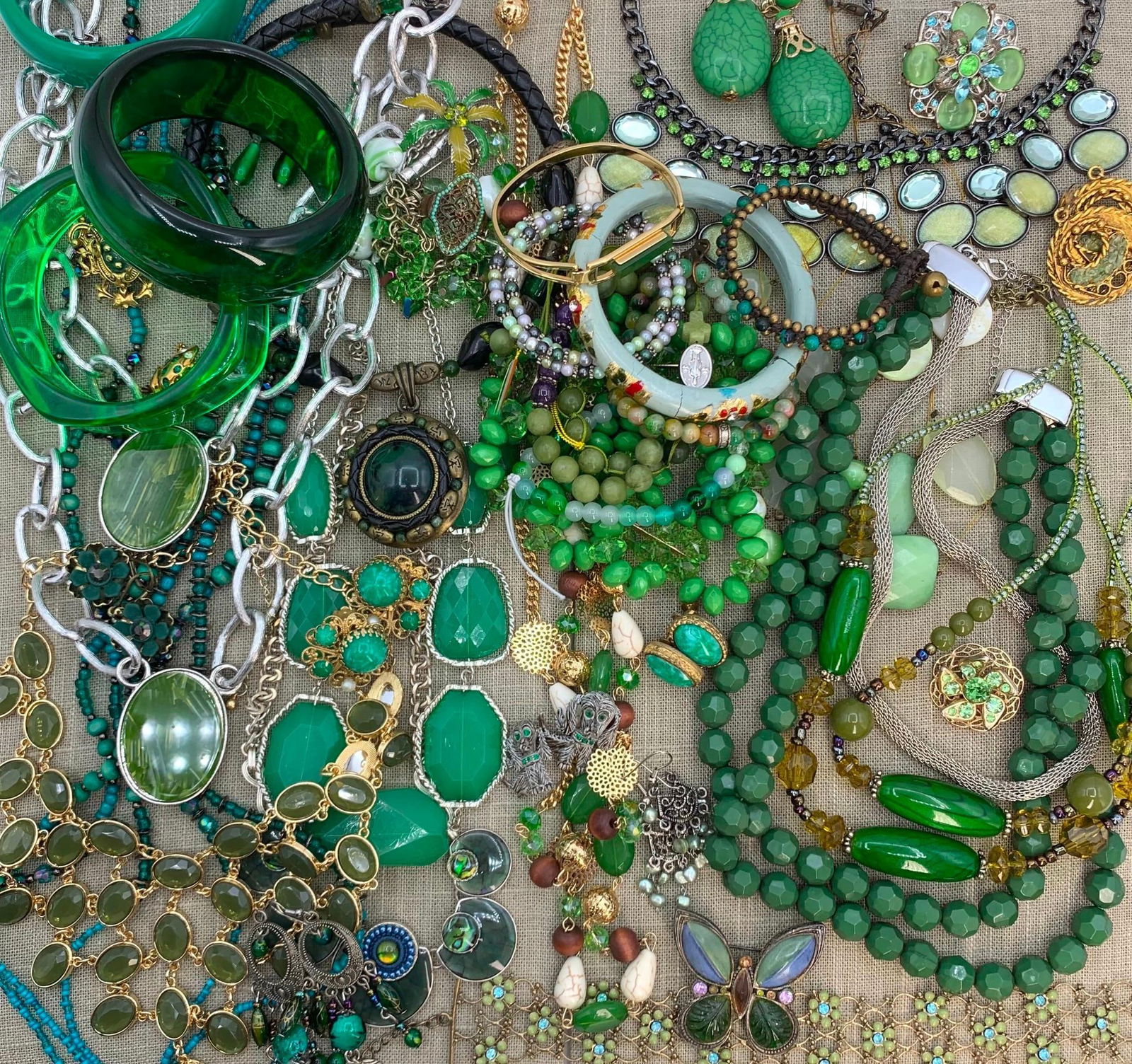 53 pc Vintage Emerald Green Costume Jewelry Collection: Accessories in hues of emerald... including statement necklaces, butterfly and pooch brooches, loads of bangles and bracelets, clip and pierced earrings and more!