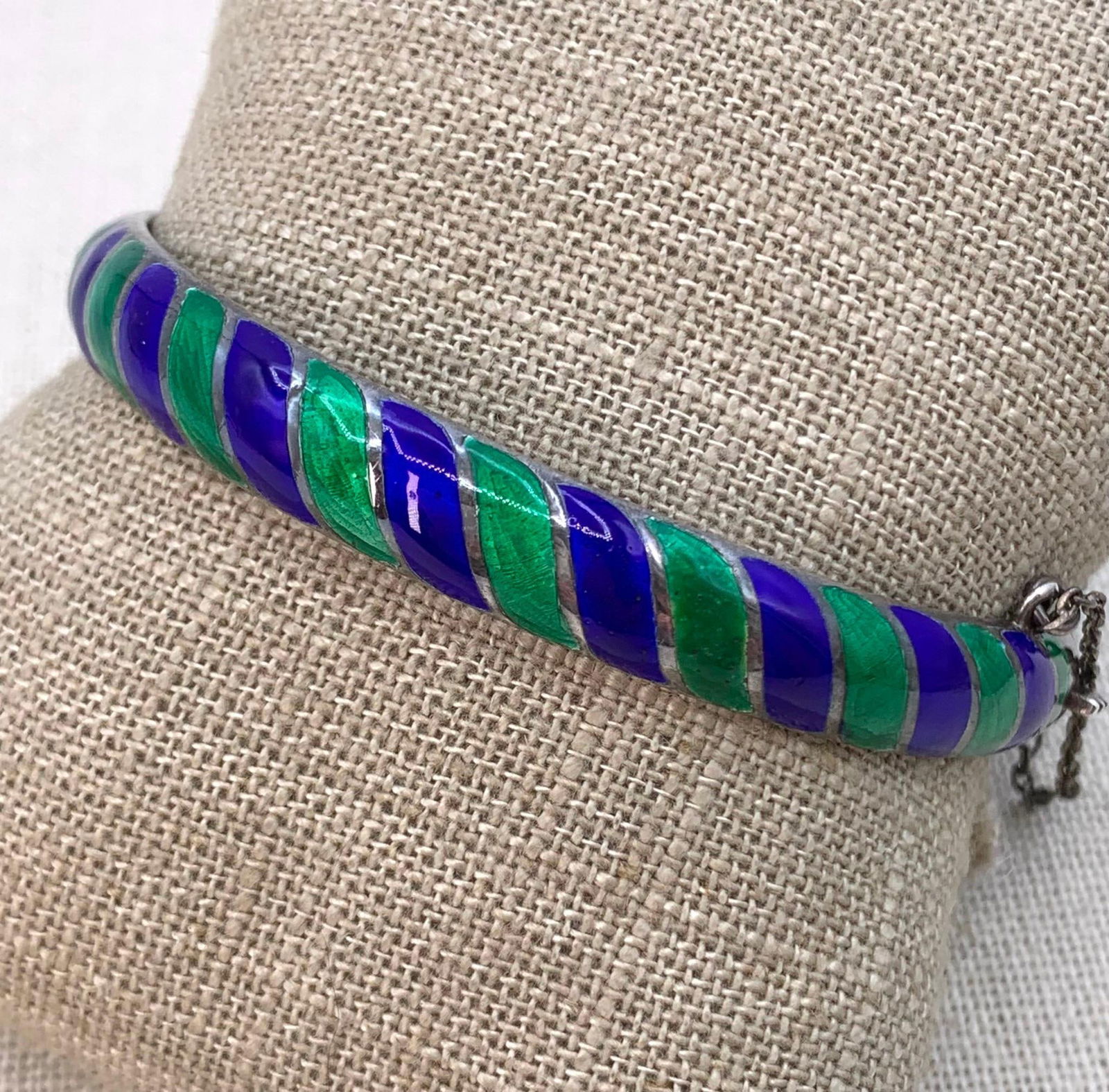 Sterling Silver Cobalt and Emerald Green Enamel Bangle Bracelet (1 of 7)