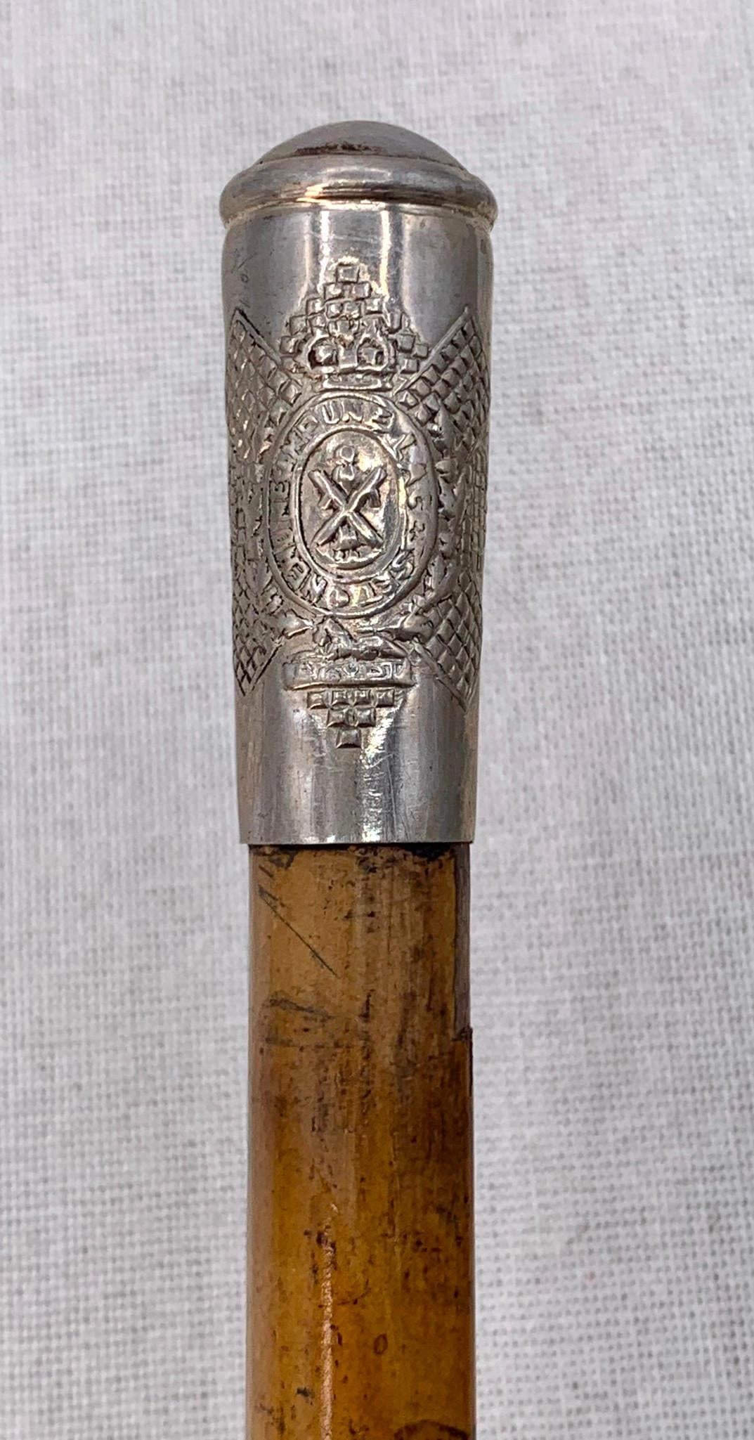 Vintage Scottish Royal Regiment Nemo Me Impune Lacessit Military Swagger Stick: 26 5/8" length, embossed silver metal cap, rounded ferrule, wood shaft with scattered age and wear.