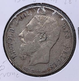1870 Belgium 900 Silver 5 Francs Antique Coin