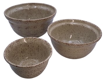 3 pc Vintage Pre 1930 Monmouth USA Speckled Stoneware Cream Beehive Nesting Batter Bowl Set