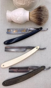 3 Antique Shaving Straight Razors, Wedgwood Shaving Mug and Natural Bristle Shaving Brush