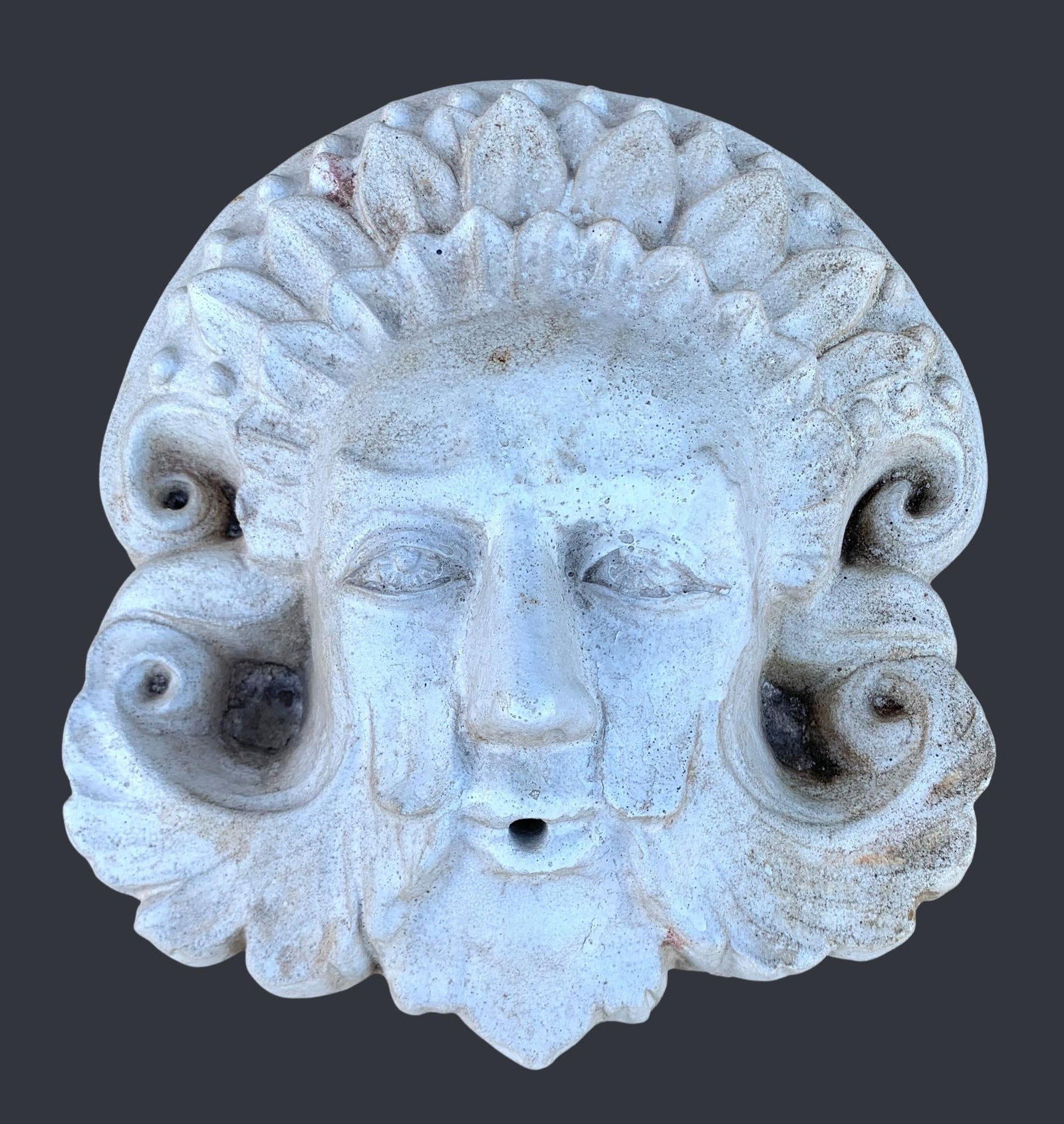 Grecian Stylized Face Conservatory Garden Fountain Spout Pool Mask, Wall Water Fountain Sculpture: Beautifully detailed with remnants of old mortar on the rear, neutral cream glaze, approx. 10" length, structurally sound.