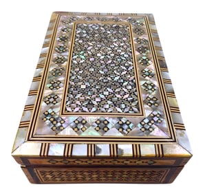 Mother of Pearl Inlaid Marquetry Box, Early Coin Pendants, Civil War Naval Button and Coin Jewelry