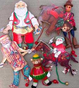 6 Large Articulated Mechanical Vintage Wood Christmas Tree Ornaments