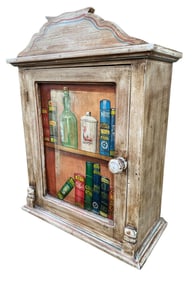 Hand Painted Book Detailed Shelved Wooden Wall Cupboard, Tabletop Storage Cabinet