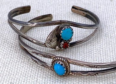 Pair Native American Sterling Silver Turquoise Baby Bracelets