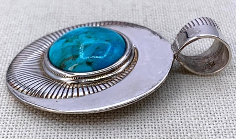 Large 18.2 Gram Sterling Silver Turquoise Cabochon Spiral Stamped 925 Pendant
