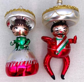 Pair Italian De Carlini Spanish Couple Blown Glass Christmas Tree Ornaments