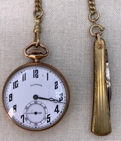 WORKING 1923 Illinois 12s 21 Jewels Pocket Watch, Chain and 2 Blade Knife