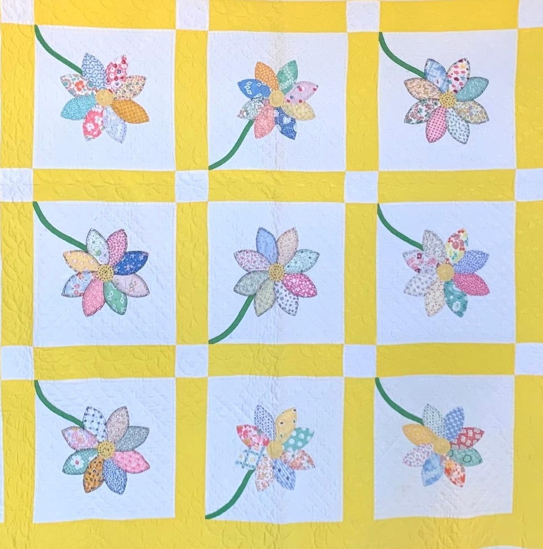 Fantastic Vintage Flower Applique 20 pc Bordered Quilt Block Hand Sewn Cottage Quilt (1 of 19)