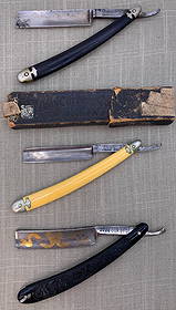 3 Antique Our Best Germany, Barber S Co., GEMCO Lincoln Shaving Straight Razors: 1) Gemco Lincoln blade, sharp edge, accompanied by a early Robeson Cutlery Co box with taped repairs2) Classic striped handle,?Barber S Co Richards $3.00 marked blade, sharp edge3) Gilded Our Best 279